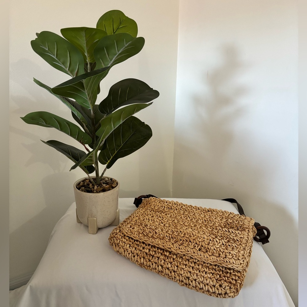 Vintage Woven Cornhusk Shoulder Bag – Leather Strap – Messenger Style